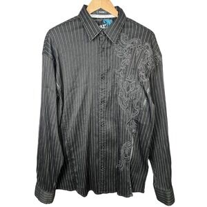 Roar Button Down Shirt Mens 2XL Black Excellent Pinstripe Embroidered Classic